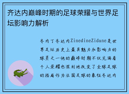 齐达内巅峰时期的足球荣耀与世界足坛影响力解析