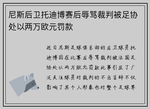尼斯后卫托迪博赛后辱骂裁判被足协处以两万欧元罚款