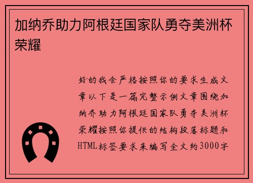 加纳乔助力阿根廷国家队勇夺美洲杯荣耀