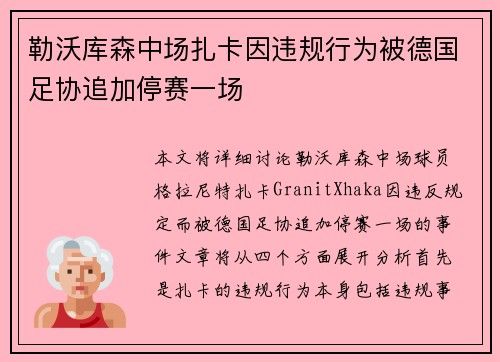勒沃库森中场扎卡因违规行为被德国足协追加停赛一场