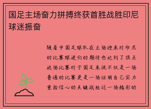 国足主场奋力拼搏终获首胜战胜印尼球迷振奋