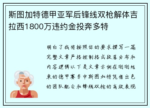 斯图加特德甲亚军后锋线双枪解体吉拉西1800万违约金投奔多特